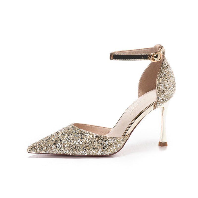 Champagne gold shimmering stiletto heels, pointed toe, single buckle, open-back dress/wedding shoes